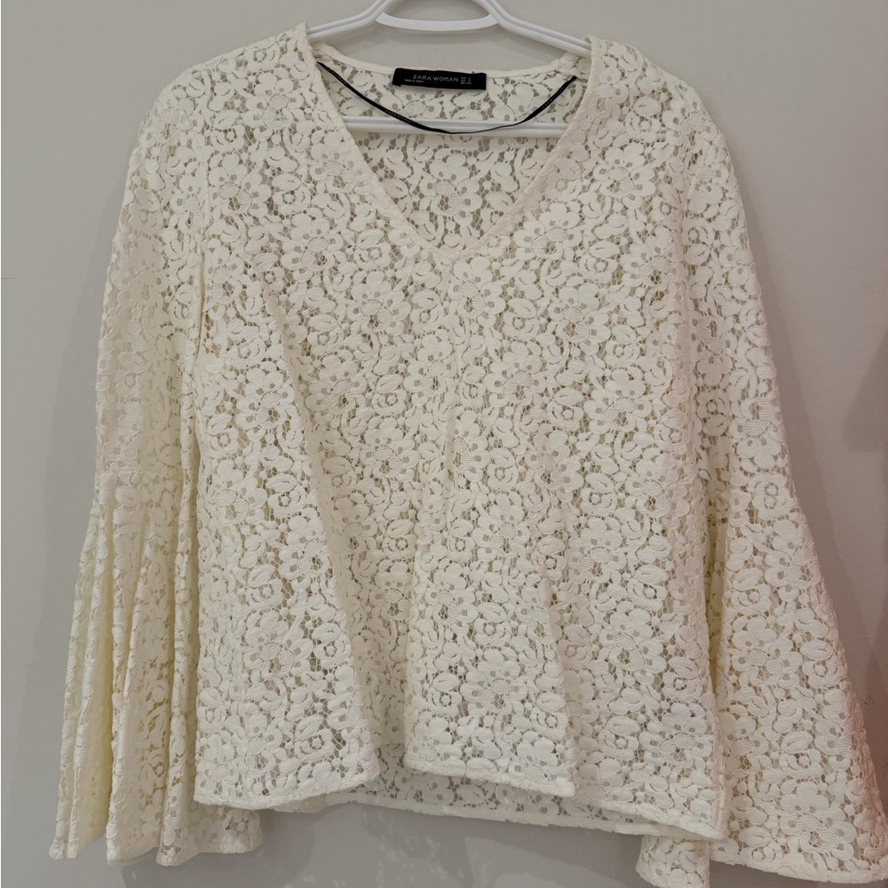 Zara Cream Lace Bell Sleeve Blouse
